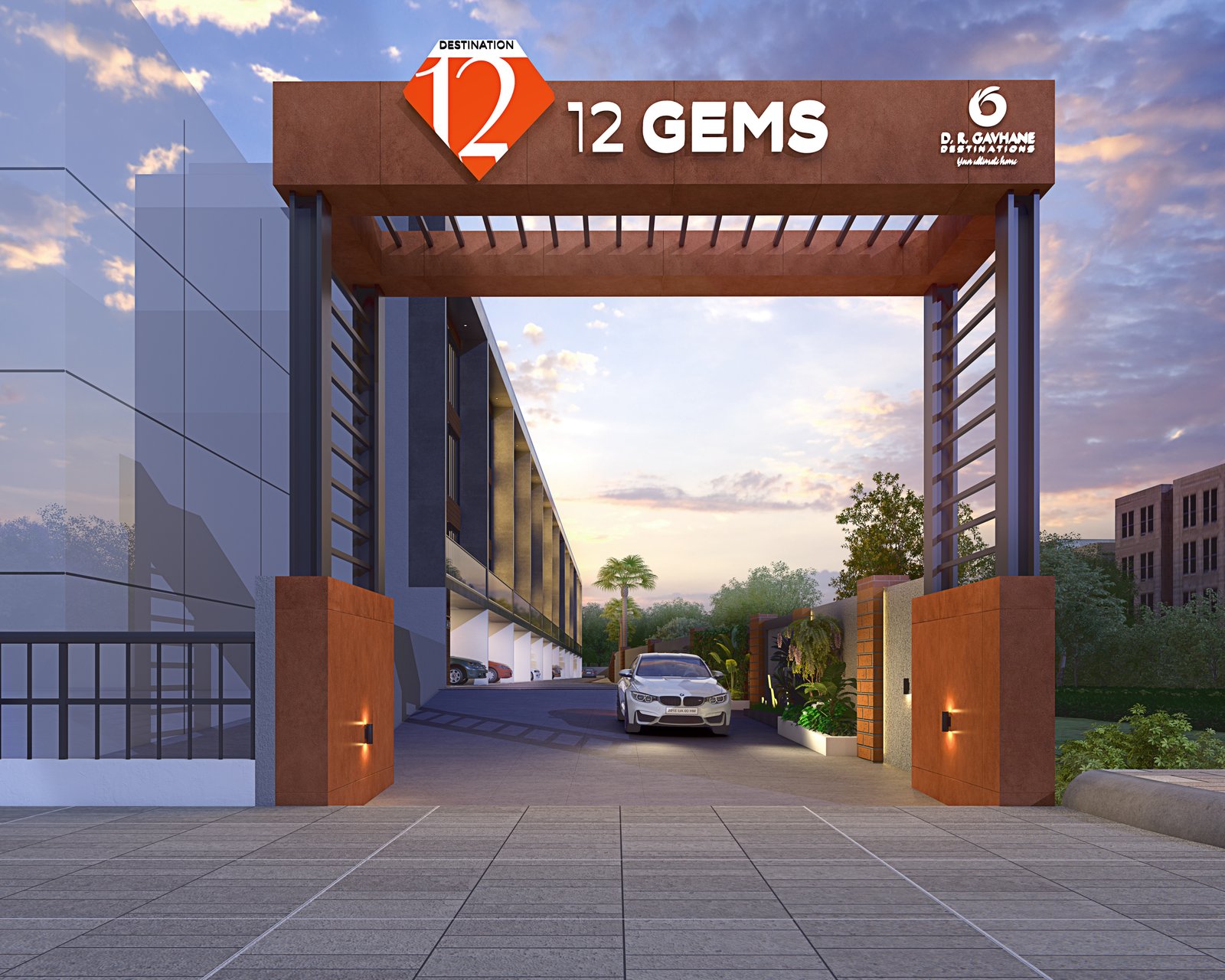 Destination 12 Gems entrance gate at dusk, Charholi Budruk